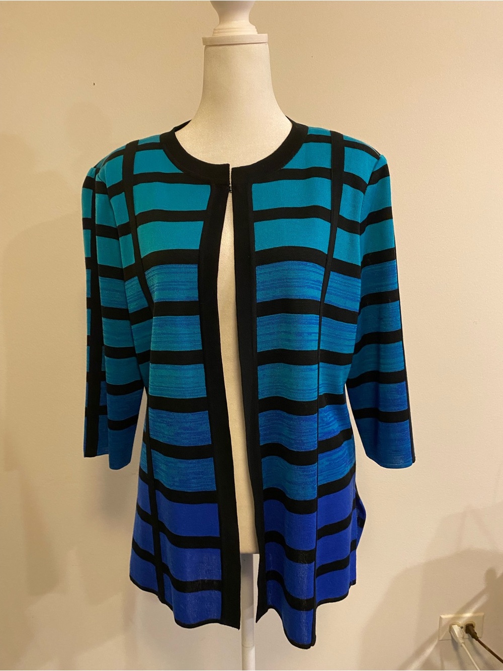 Ming Wang Black and Bright Teal Striped Knit Top 3/4 sleeves size LP